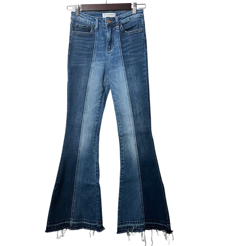 Flying Monkey Jeans Women Size 24 Blue High Rise Super Flare Frayed Hem Festival